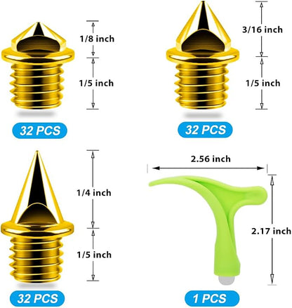 96PCS Alloy Steel Track Spikes, 32pcs 1/8in + 32pcs 3/16in + 32pcs 1/4in Track and Cross Country Spikes Golf Shoe Spike with Spike Wrench, Replacement for Sprint Sports Short Running