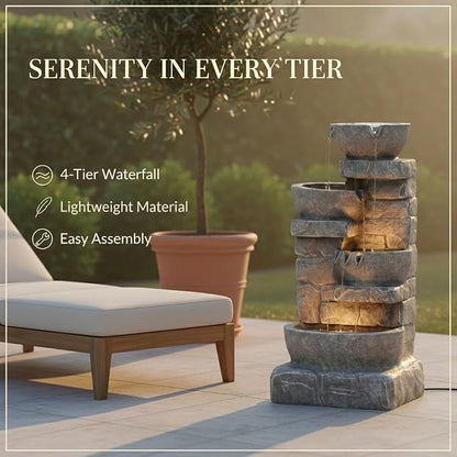 Teamson Home 33.25 in. Cascading Bowls and Stacked Stones LED Outdoor Water Fountain for Gardens, Landscaping, Patios, Balconies, and Lawns for a Calming Oasis in Outdoor Living Spaces, Stone Gray | LED Lights, 3-Tier Cascading Waterfall, Weather-Resis...
