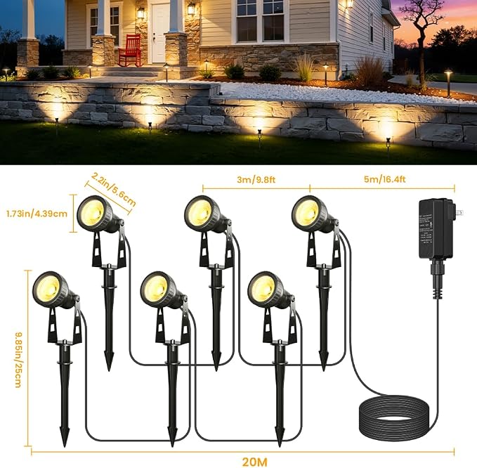 FOOMAN 6-Pack Spot Lights Outdoor, Low Voltage Landscape Lighting, LED Pathway Lights with Transformer, IP68 Waterproof Warm White Spotlight for Yard Garden Flags House Lawn Tree