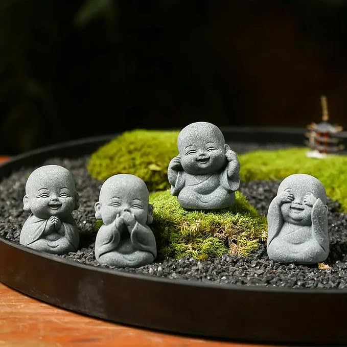 4Pcs Mini Zen Laughing Buddha Figurines Resin Praying Monk Statue Rustic Meditation Garden Ornaments for Bonsai Pots Landscaping Ornament