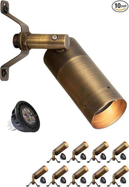 MALORY Brass Landscape Spot Down Light, Low Voltage Led Downlights Tree Light Outdoor Landscape Lighting for Yard, Garden, Lawn, Wall, Patio with 5W MR16 LED Bulb 2700K Warm White（10 Pack）