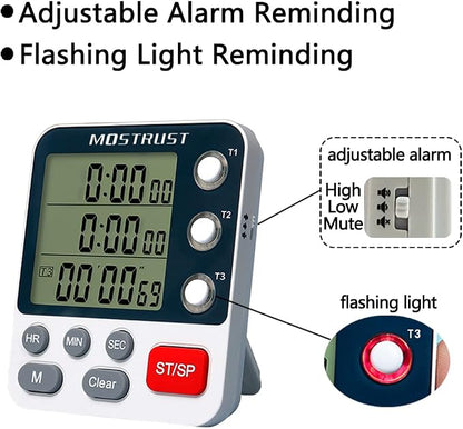 Digital Dual Kitchen Timer, 3 Channels Countdown Triple Timer for Cooking, Magnetic Memory-Preset Large Display Adjustable Alarm Volume, Multi Times Management, 3A Battery Included, White