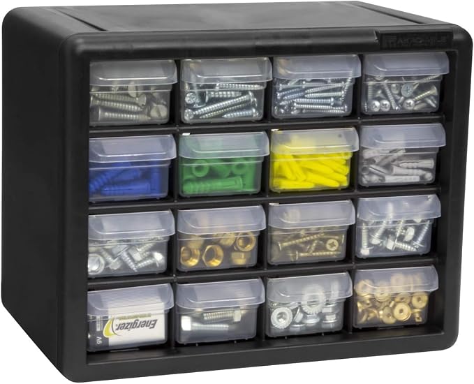 Akro-Mils 16-Drawer Plastic Drawer Storage Cabinet for Garage Organization, Beads, Makeup Organizer, Building Bricks Storage, Teacher Toolbox, 10-1/2" W x 6-1/2" D x 8-1/2" H, 10116 Black (Pack of 2)