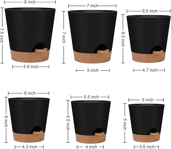YNNICO Indoor Self Watering Planters with Drainage Holes and Saucers, 8, 7, 6.5, 6, 5.5, 5 Inches, Black, 6 Pots