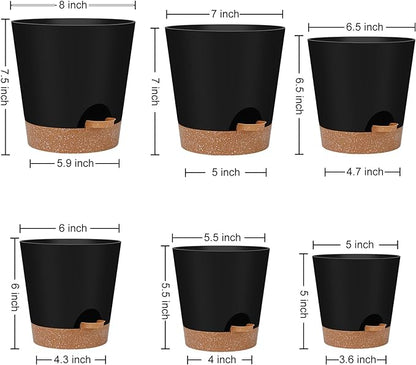 YNNICO Indoor Self Watering Planters with Drainage Holes and Saucers, 8, 7, 6.5, 6, 5.5, 5 Inches, Black, 6 Pots