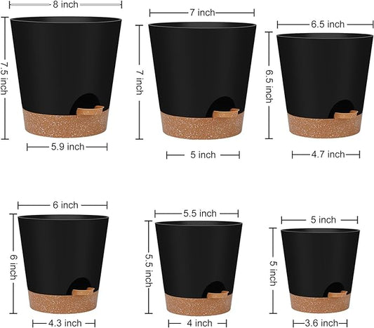 YNNICO Indoor Self Watering Planters with Drainage Holes and Saucers, 8, 7, 6.5, 6, 5.5, 5 Inches, Black, 6 Pots