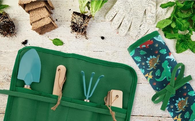 Stephen Joseph, Toddler Gardening Tool Set 5 PCS - Mini Shovel, Seed Dibbler, Mini Rake and Plant Markers with Roll Up Bag, Kids Gardening Tools, Best Outdoor Toys Gift for Boys and Girls, Fruit