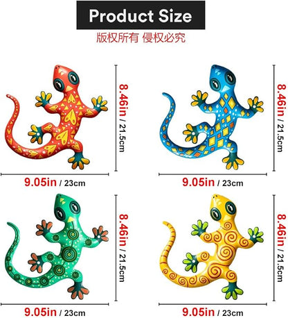 Metal Gecko Wall Decor- 8.7 inches Outdoor Lizards Decoration for Garden Backyard Fence Patio(4 Pack)