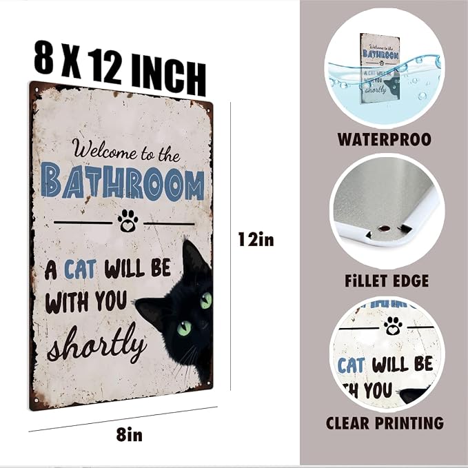 mmiishe Metal Signs Black Cat Lover Gifts for Women Men Funny Cat Bathroom Decor Vintage Metal Wall Decor for Restroom Toilet Powder Room Wall Art Plaques 8x12 Inches Bathroom Accessories