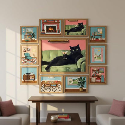 smvexyl Funny Black Cat Wall Art with Martini Glass, Eclectic Cocktail Cat Canvas Painting, Quirky Animal Bar Cart Decor for Kitchen Living Room Apartment Wall Decor Framed Artwork 24x16 Inch