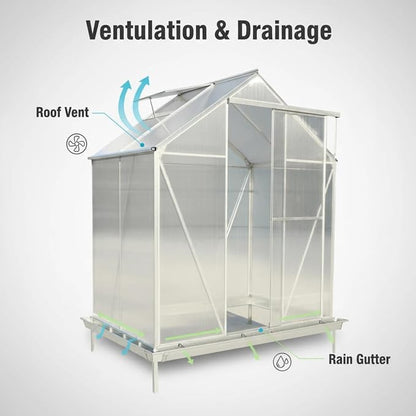 6x4 FT Greenhouse, Walk-in Polycarbonate Greenhouse, Heavy Duty Aluminum Outdoor Green House Kit with Sliding Door, Roof Vent, Rain Gutter for Backyard Garden All Season Growing, Sliver