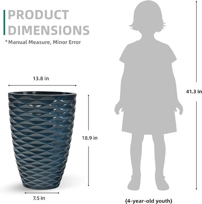 2-Pack 19" Glossy Navy Blue Resin Tall Planters with Wave Texture | Set of 2 resin tall planters with glossy navy blue wave texture, drainage plugs, and UV-resistant finish for porch or patio