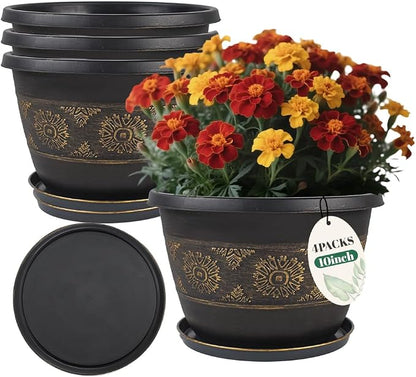 Usocik 10 Inch Retro Plant Pots 4 Pack with Drainage and Saucers Gold | Gold retro PP pots with drainage holes and saucers for herbs flowers succulents indoor patios porches and balconies