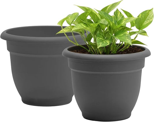 Bloem Ariana 20" Plastic Self-Watering Planter, Charcoal, 2-Pack | Self-watering disk at the bottom of each pot that acts as a water wick and reservoir for optimal plant health