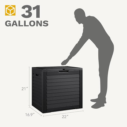 DWVO Louvered Large Deck Box, 35 Gallon Resin Outdoor Storage Box w/Lockable Lid and Side Handles for Patio Furniture, Garden Tools and Pool Supplies,Waterproof and UV Resistant, Black