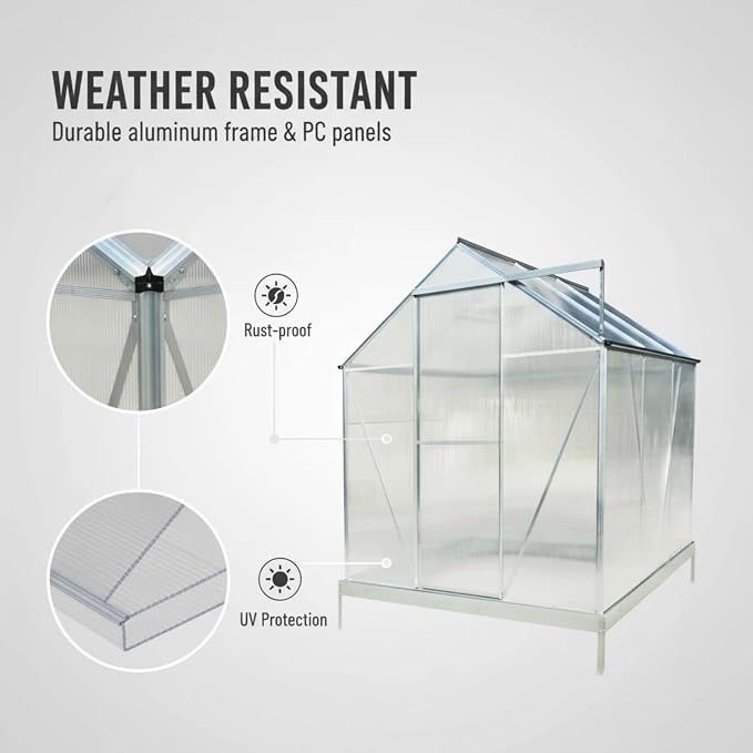 6x6 FT Greenhouse, Walk-in Polycarbonate Greenhouse, Heavy Duty Aluminum Outdoor Green House Kit with Sliding Door, Roof Vent, Rain Gutter for Backyard Garden All Season Growing, Sliver