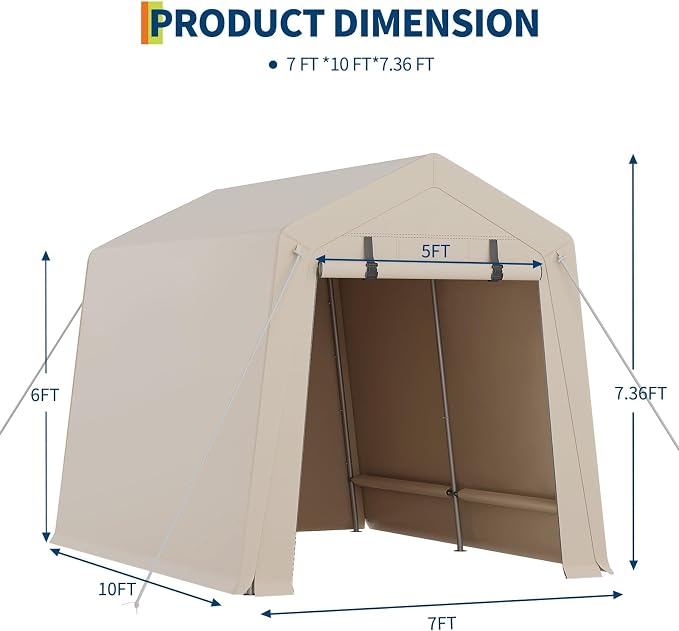 7 x 10 Ft Bike Shed ATV Storage Tent Portable Storage Shed Outdoor Carport Tarp Sheds with Roll-Up Door for Motorcycle, Car, Garden Tools Khaki