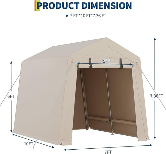 7 x 10 Ft Bike Shed ATV Storage Tent Portable Storage Shed Outdoor Carport Tarp Sheds with Roll-Up Door for Motorcycle, Car, Garden Tools Khaki