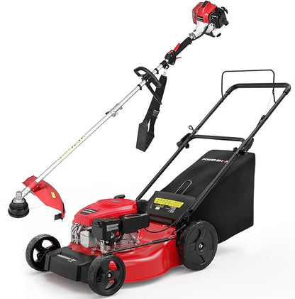 PowerSmart 21-Inch 144cc Gas Lawn Mower & 16-Inch 25.4cc String Trimmer/Edger with 10-Inch Brush Cutter for Grass Cutting