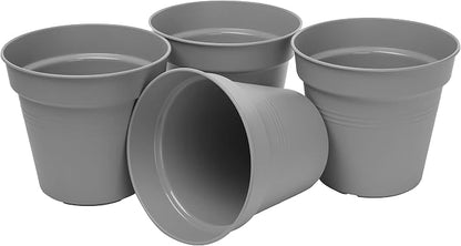 Mintra Garden Pots, 4 Pack Bulk Plastic Plant Pots with Drainage Tray, Round Indoor & Outdoor Decorative Planters with Drain Holes for Flowers, Herbs & Plants, 19cm Diameter – Grey, 7.5 in