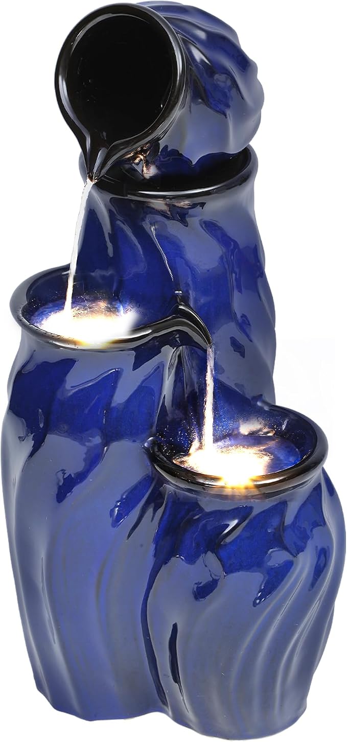 29" Ceramic Water Fountain Outdoor, 4-Tier LED Cascading Waterfall | Dynamic Wave-Texture Garden Fountain with Lights, Serene Relaxing Water Feature for Patio Backyard Decor, Cobalt Blue Glaze