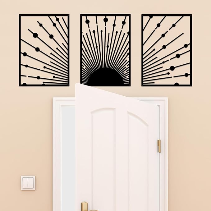 ruelen Black Metal Sun Wall Decor, Set of 3 Minimalist Sunshine Line Art Sculpture, Large Outdoor Metal Wall Art, Nautical Black Celestial Outdoor Decorative Wall Panel for Outside & Modern Home Wall Decor(15.7x11'' Per Piece)