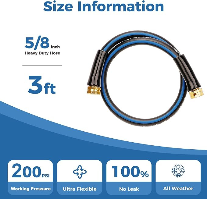 SheeChung Short Garden Hose 3ft x 5/8",Water Hose for Hose Reel Faucet,Outdoor Rubber Hose,Lightweight Leader Hose,Short Garden Hose 3 feet with Female to Female Fittings,3/4"GHT