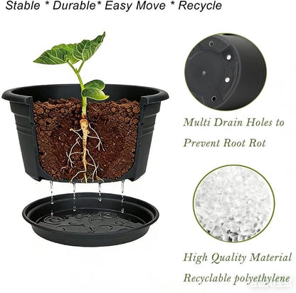 MRPAPA 10 Inch Plastic Pots 6 Pack Outdoor Round Planters with Drainage Hole & Tray Saucer, Lightweight Indoor Flower Decoration Pots for Home,Patio & Garden (Dark Grey)