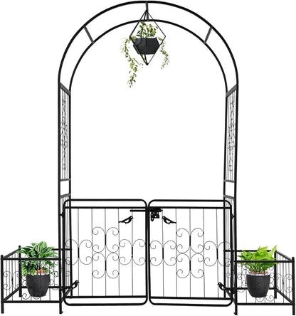 Outvita 7FT Garden Arch Arbor with Entry Door and Plant Frame, Heavy Duty Metal Arbour Archway, Decorative Frame Stand Trellis with Ground Stakes for Wedding Ceremony Party Plant Patio Black
