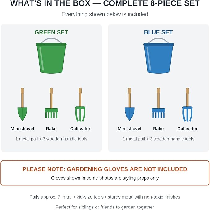 JustForKids Kids Garden Tool Set, 2 Pack STEM Educational Gardening Kit with Wooden-Handle Metal Pails, Plastic-Handle Shovel, Rake & Cultivator, Outdoor Toys & Gift for Toddlers Boys Girls Ages 3-8