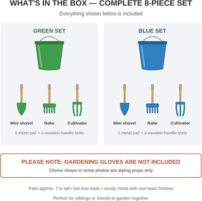 JustForKids Kids Garden Tool Set, 2 Pack STEM Educational Gardening Kit with Wooden-Handle Metal Pails, Plastic-Handle Shovel, Rake & Cultivator, Outdoor Toys & Gift for Toddlers Boys Girls Ages 3-8