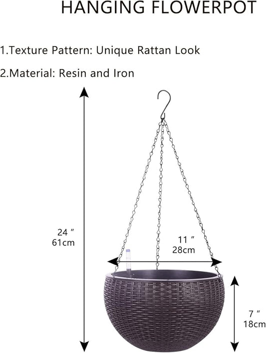 Vencer 11 Inch Round Resin Rattan Hanging Planters,Coffee,VF-A15-C | Self Watering,Drain Hole,Metal Chain,Water Indicator,Indoor Outdoor