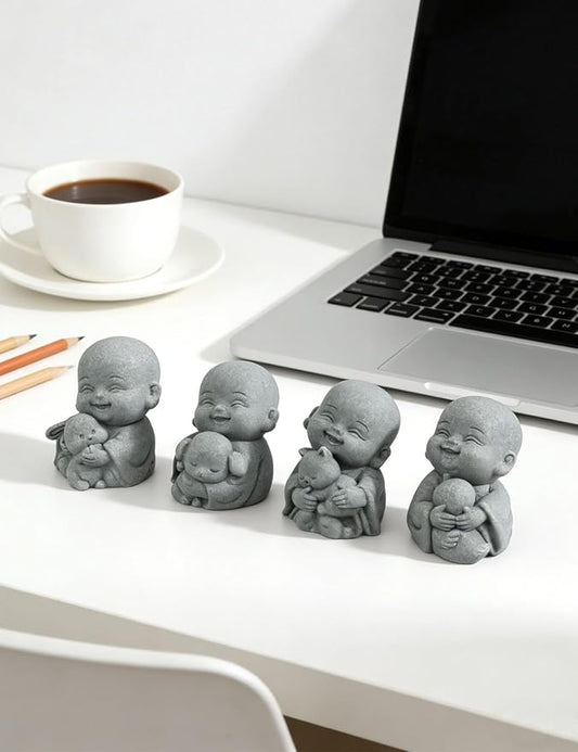 4PCS Buddha Statue, Laughing Buddha Bring Good Luck, Cute Small Zen Monk Feng Shui Decor, Sandstone Sculptures for Home and Aquarium Decor