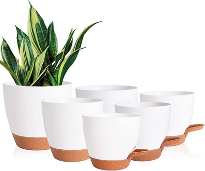 Vanslogreen Flower Pots, 8/7/6.5/6/5.5/5 Inch Self Watering Planters for Indoor Outdoor Plants with Drainage Hole, Plastic Planters for House Plants(White)