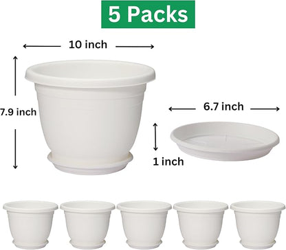 5 Packs 10 inch Plant Pots + Saucer, Planters for Indoor & Outdoor Plants with Drainage Holes | Plastic Flower Pots, Large Planter (Beige, 10 inch)