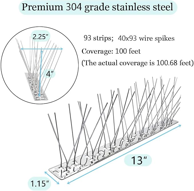 PANGCH Bird Spikes,Stainless Steel Bird Spikes Metal Bird Spikes Fence Spikes Easy to Install - 93 Strips 100.68 Feet Coverage