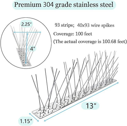 PANGCH Bird Spikes,Stainless Steel Bird Spikes Metal Bird Spikes Fence Spikes Easy to Install - 93 Strips 100.68 Feet Coverage