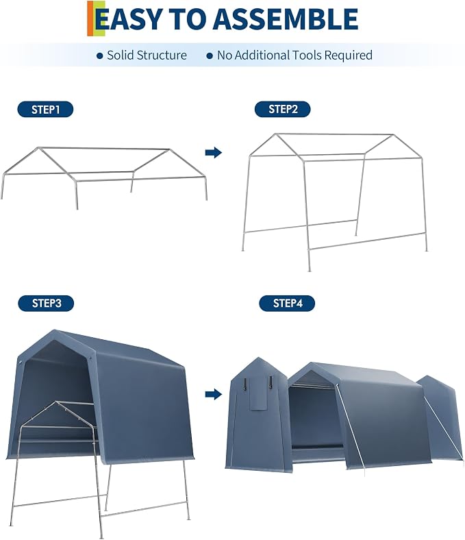 6x6 ft Outdoor Storage Shed, Portable Carport with Roll-up Ventilated Zipper Door and Windows, Heavy Duty Waterproof Tarp, Storage Sheds for Motorcycle, Bike, Firewood, Garden Tools