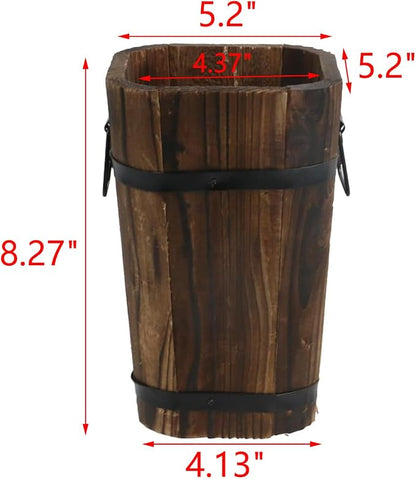 MY MIRONEY Plant Pots, Vintage Wooden Barrel Planter - Solid Rustic Garden Flower Pot with Metal Handles & Frame for Indoor Planter, Office Home Decor, Garden Home Plants, 5.2" x 8.27"