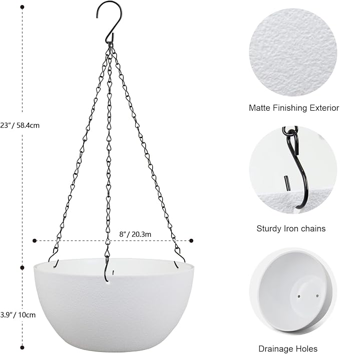 Meowell 8 inch Small Hanging Planters for Indoor Outdoor Plants, 2 Pack Hanging Flower Pots with Drainage Holes and Chain for Garden Porch, Plastic Hanging Baskets for House Plants, White