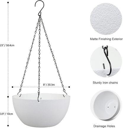 Meowell 8 inch Small Hanging Planters for Indoor Outdoor Plants, 2 Pack Hanging Flower Pots with Drainage Holes and Chain for Garden Porch, Plastic Hanging Baskets for House Plants, White