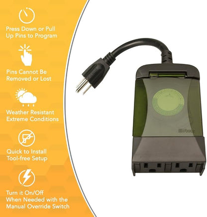 Southwire Woods Outdoor 24-Hour Plug-In Mechanical Timer - Energy-Saving Convenience - Dual Grounded Outlets - Programmable Daily Settings - Weatherproof Design - 6-Inch Cord - Black