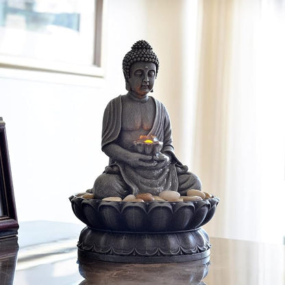 GOSSI 11.2 Inch Tall Indoor Tabletop Buddha Fountain with Reflective Lighting and Cobblestone Base, Zen Desk Water Fountain for Office and Home Decor