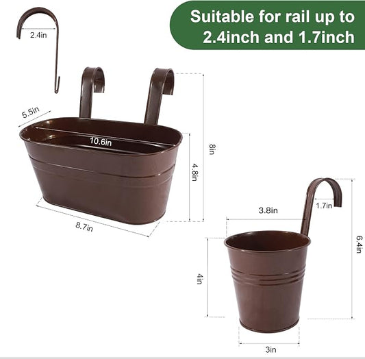 HowRU Metal Iron Flower Pots for Railing Fence Hanging Bucket Pots(5 Pcs) and Hanging Flower Pots Metal Iron Bucket Planter(10 Pcs) (Bronze)