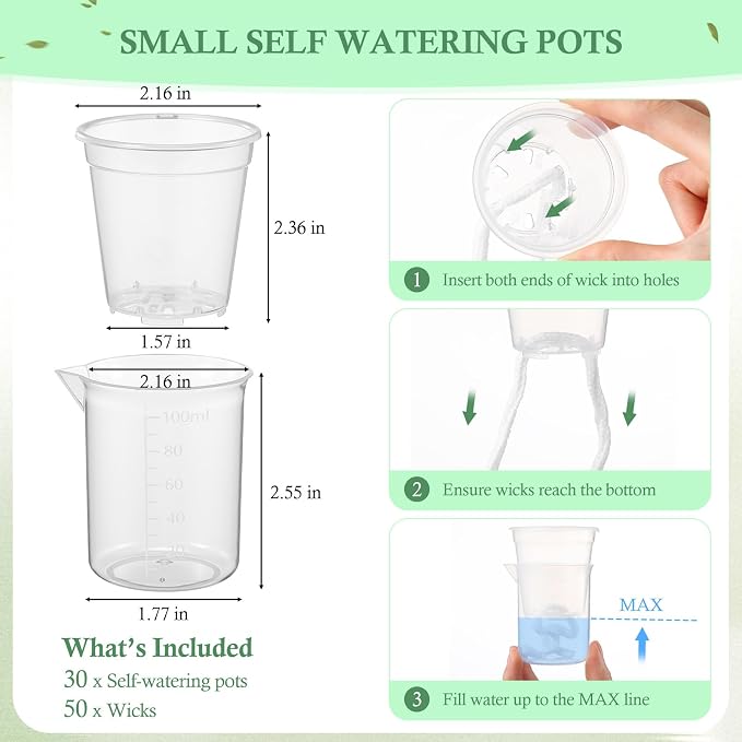 30 Pcak 2.2'' Small Self Watering Planters for Indoor Plants Mini Clear Pots with Water Level Indicator Plastic Automatic-Watering Pot with Drainage Holes for Semi-hydroponic African Violet