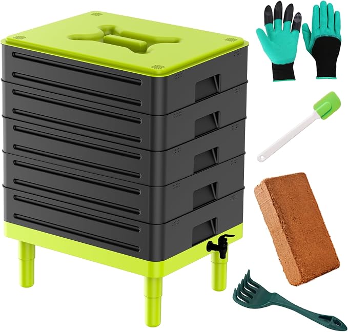5-Tray Worm Composter,100L WormCompost Bin for Vermicomposting Starter, Indoor & Outdoor Worms Farm Composting Bin, Worm Compost Bin for Recycling Food Waste (Black)