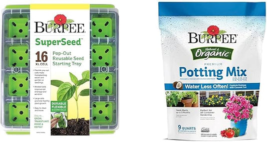 Burpee SuperSeed Seed Starting Tray | 16 XL Cell | Reusable & Dishwasher Safe &, 9 Quarts | Premium Organic Potting Natural Soil Mix Food Ideal for Container Garden-Vegetabl