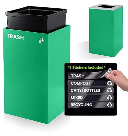 Alpine Commercial Indoor Recycle Bin - 29 Gallon Modern Looking Green Recycle Bin, Office Recycling Bins, Metal Trash and Recycling Container with Stickers & 3 Optional Lids (lid Sold Separately)