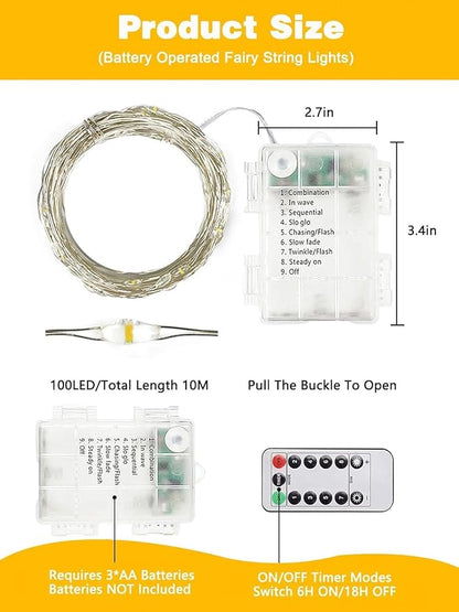 6 Pack 100 LED Fairy Lights Battery Operated with Remote, 8 Modes String Lights Indoor Outdoor, Cuttable Battery Light for Home Bedroom Wedding DIY Centerpiece Christmas Decorations (Warm White)