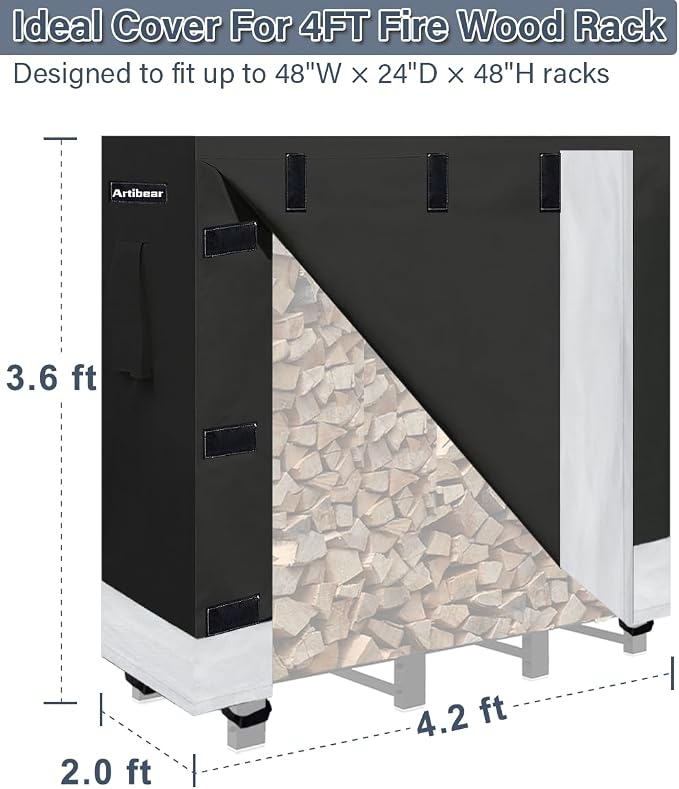 4ft Firewood Rack Cover for Wood Holder, Waterproof Wood Pile Cover for Outside, Indoor Outdoor Log Rack Cover for Firewood with Buckle, Black (Frame not Include)